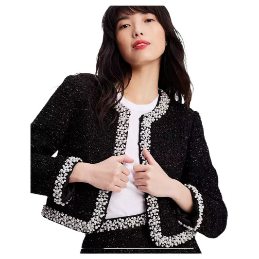 Kate Spade Black Faux Pearl Tweed Cropped Jacket - 12