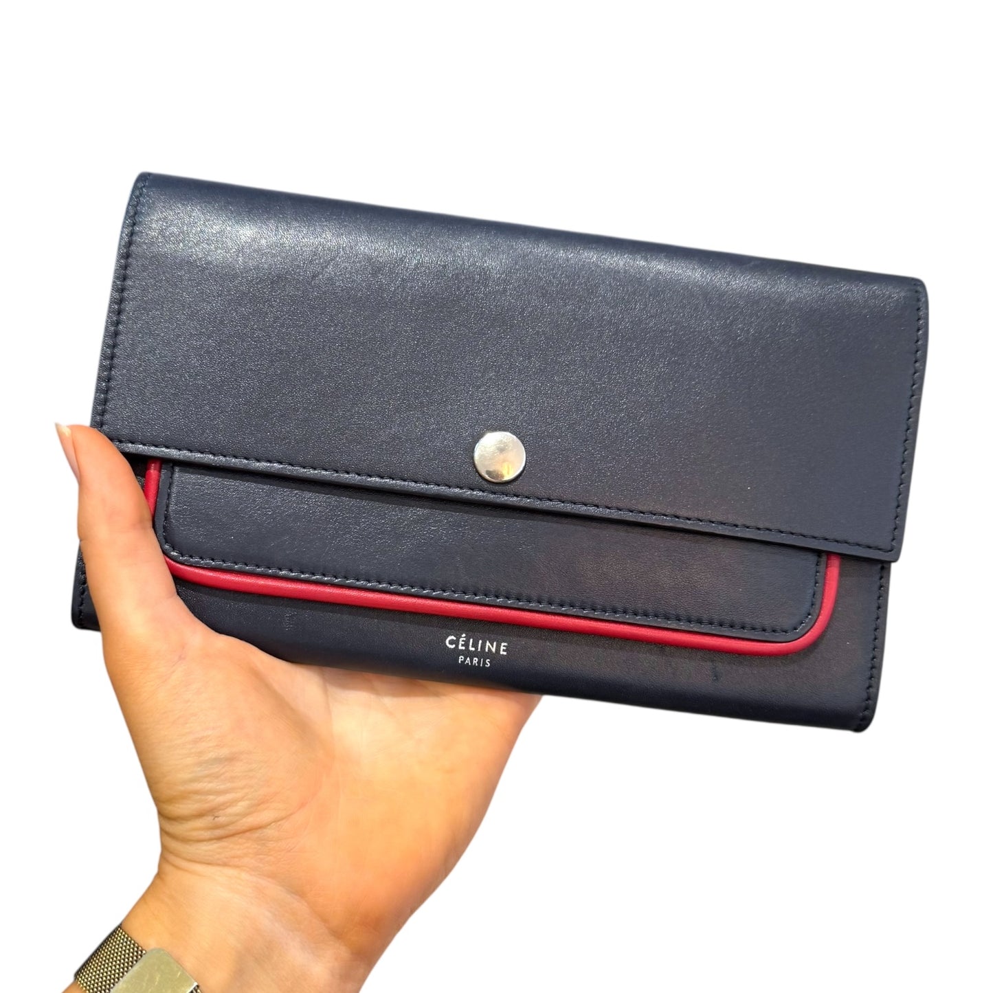 Celine Smooth Navy Blue Calfskin Wallet with Red Piping