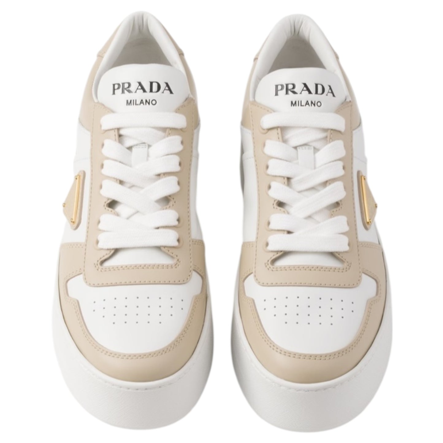 Prada Downtown Bold Leather Sneakers in Desert Beige and White - 39 / 6