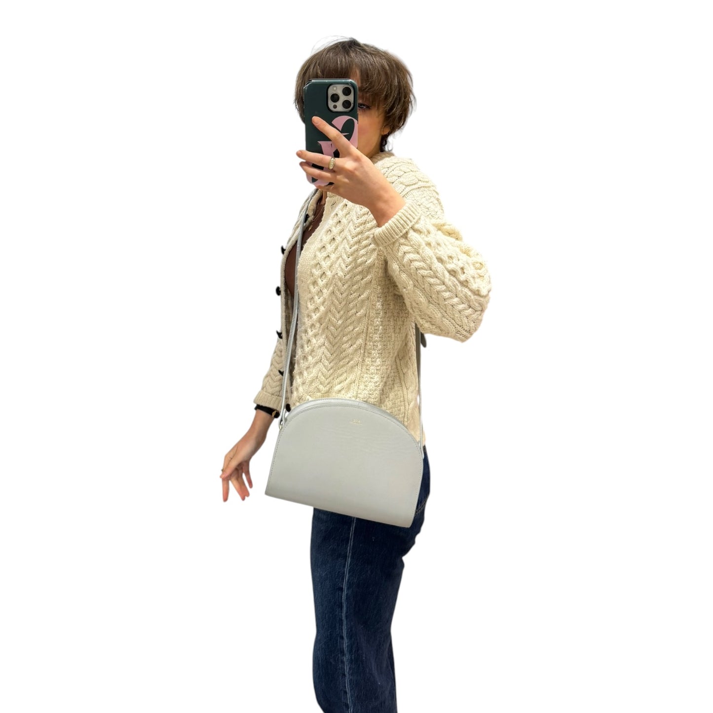 A.P.C. Demi-Lune Saffiano Bag in Light Grey