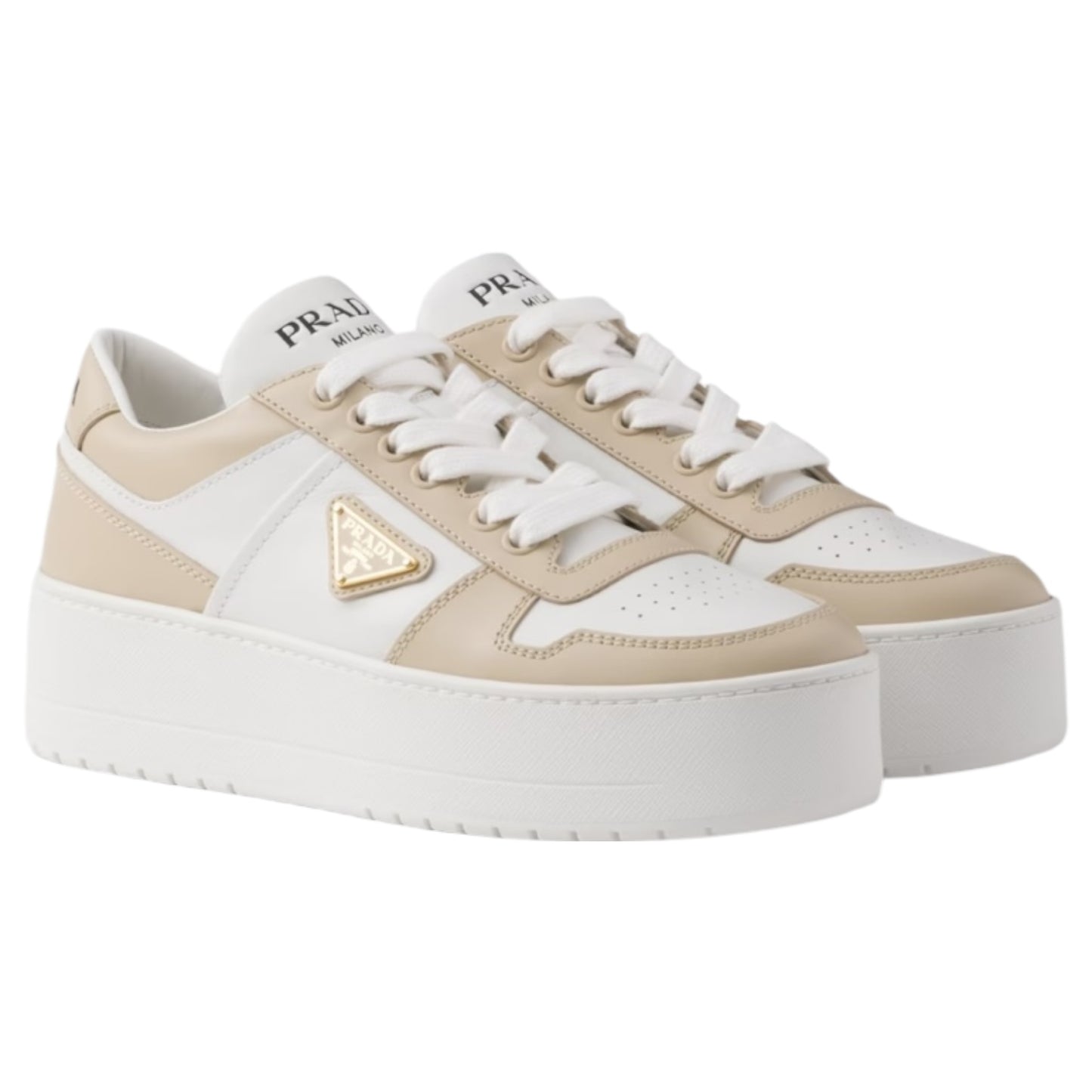 Prada Downtown Bold Leather Sneakers in Desert Beige and White - 39 / 6