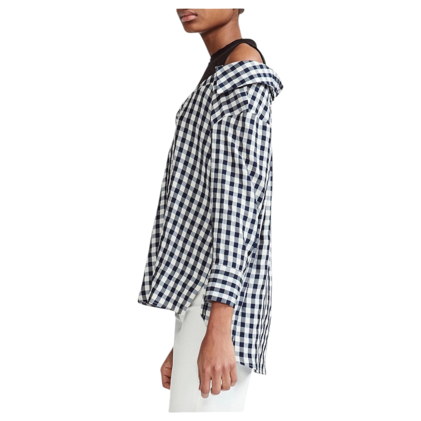 Maje Livie Layered Off Shoulder Black and Navy Check Top - 12