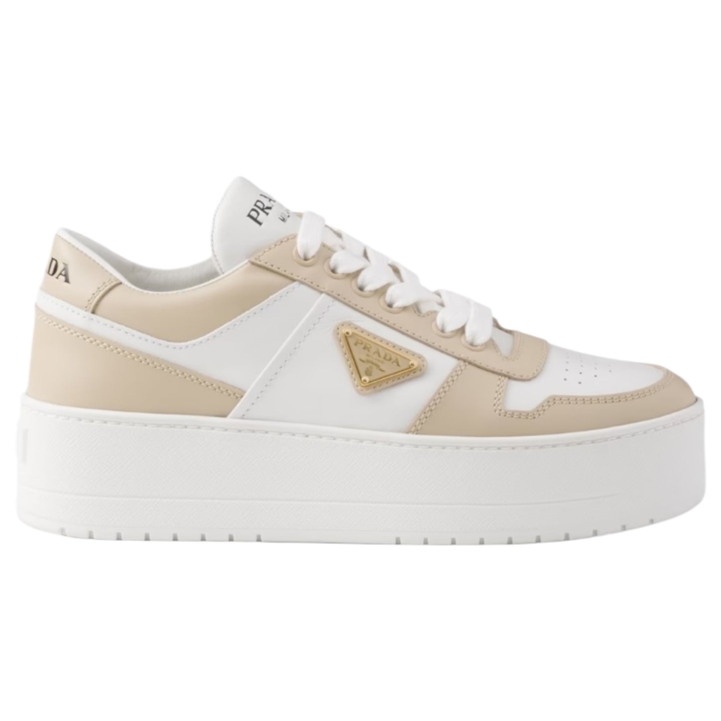 Prada Downtown Bold Leather Sneakers in Desert Beige and White - 39 / 6