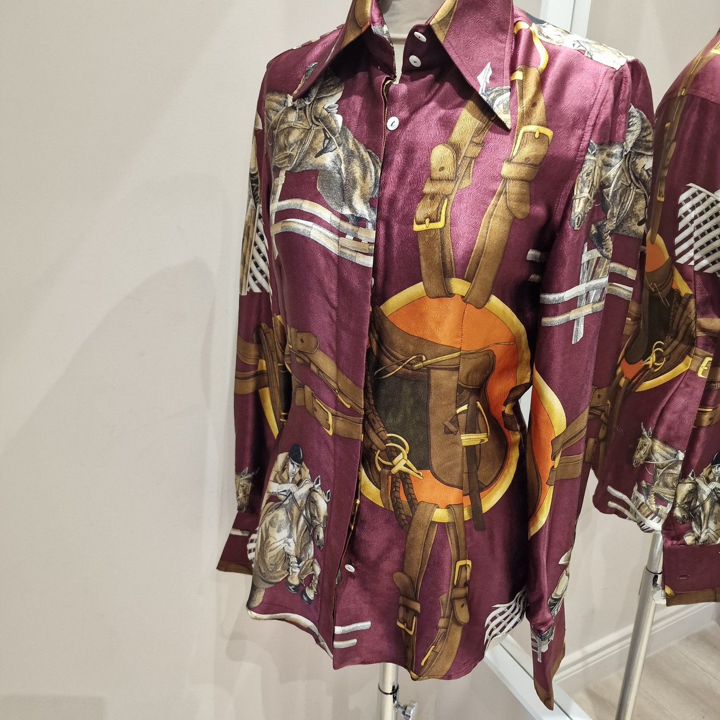 Dolce and Gabbana Maroon Equestrian Print Silk Blouse, Size 10/It 42