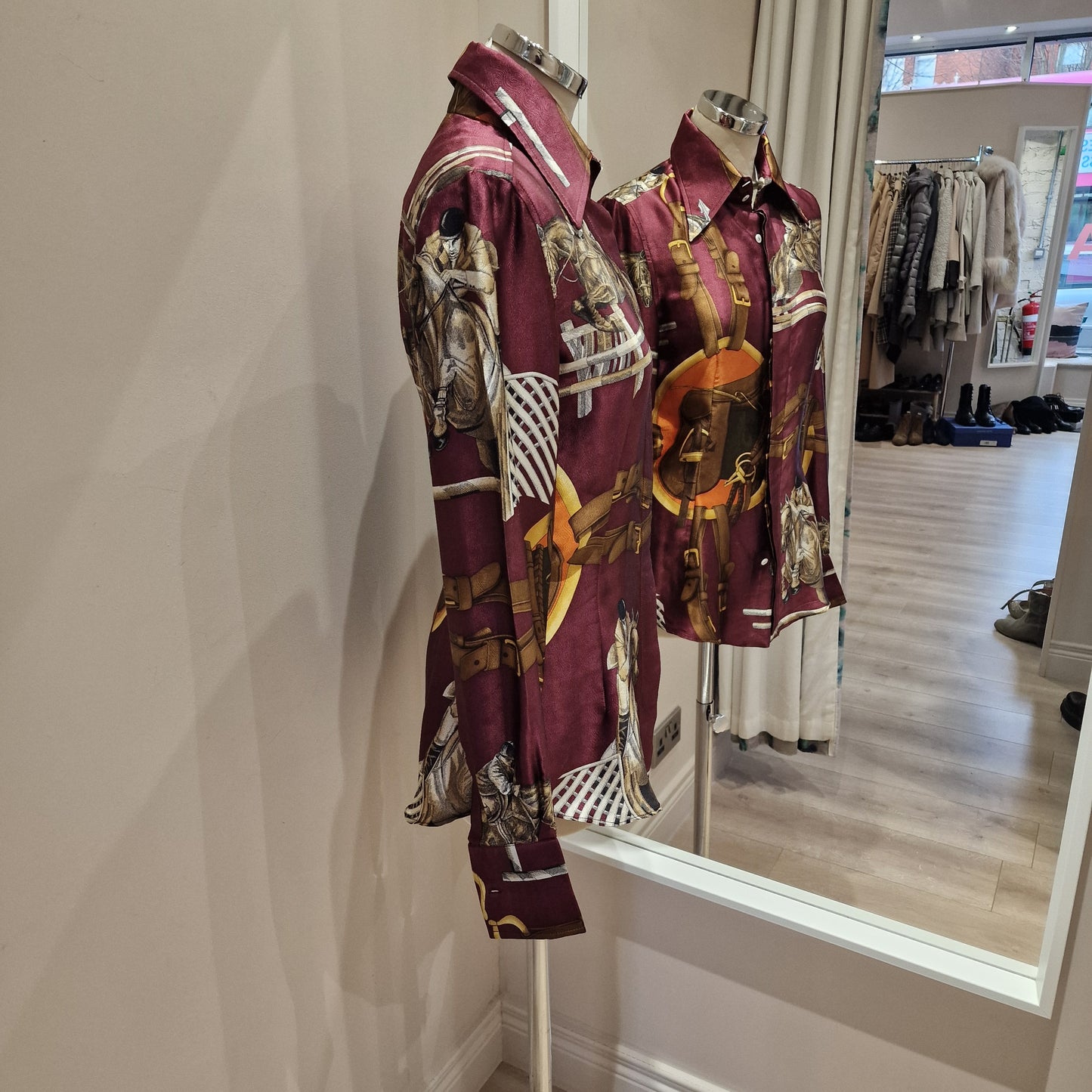 Dolce and Gabbana Maroon Equestrian Print Silk Blouse, Size 10/It 42