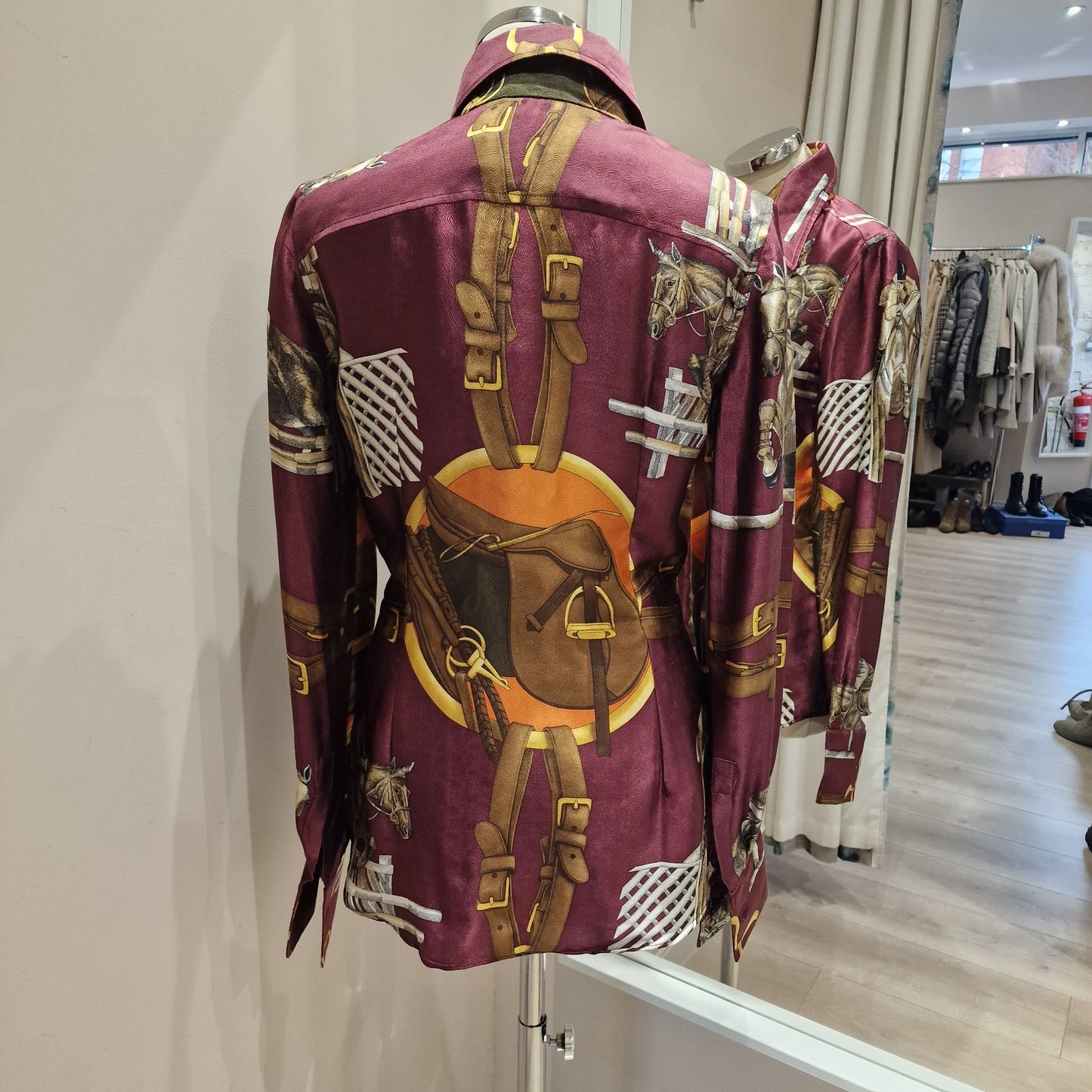 Dolce and Gabbana Maroon Equestrian Print Silk Blouse, Size 10/It 42
