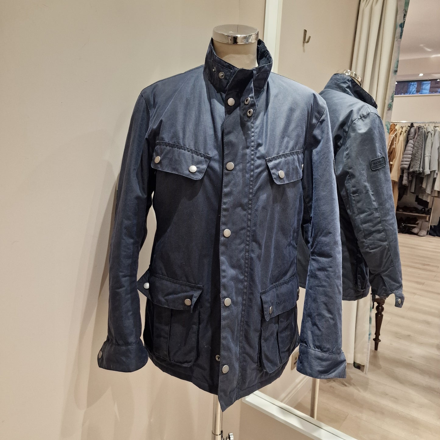 Barbour International Navy Padded Wax Jacket, Duke, Size Small/UK 10-12