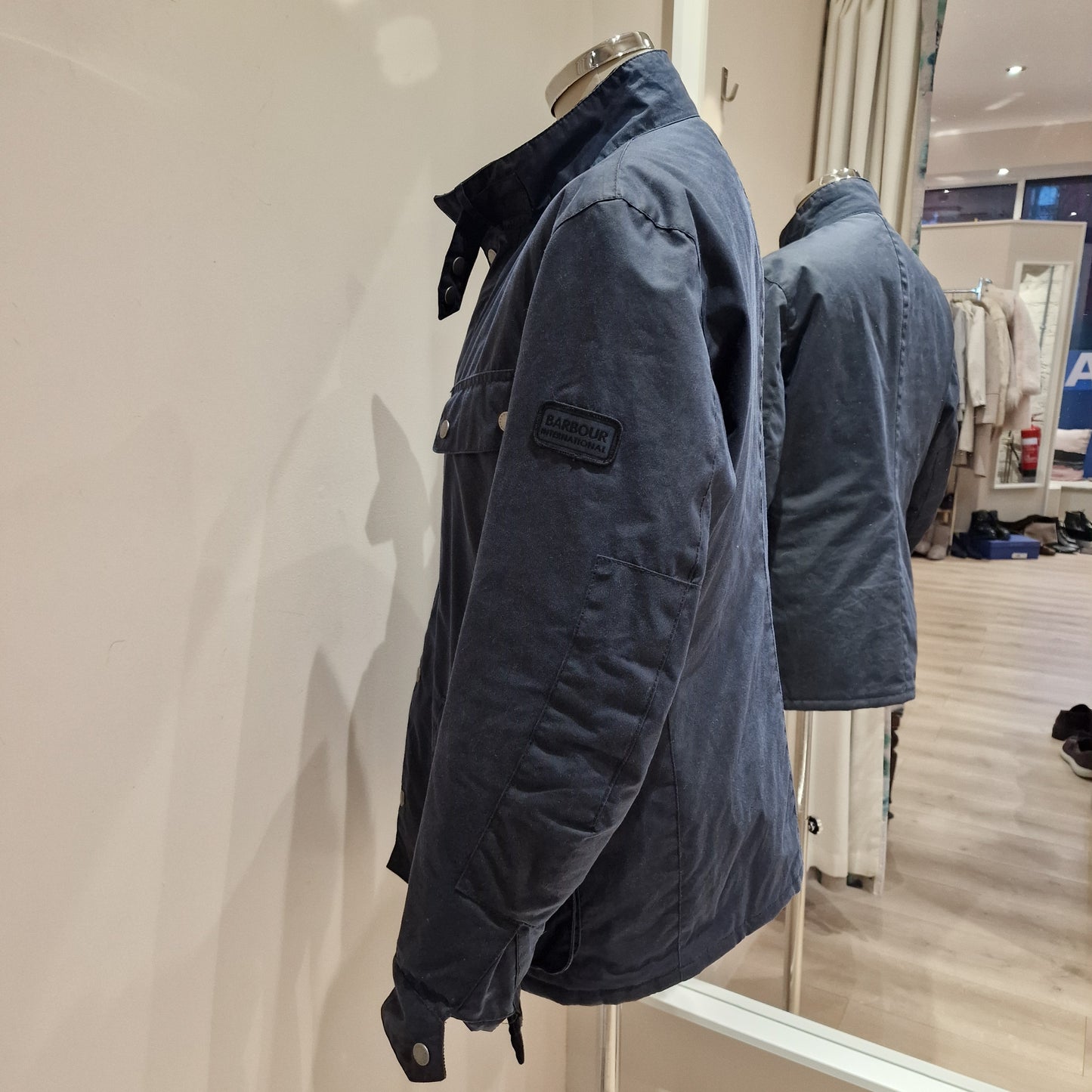Barbour International Navy Padded Wax Jacket, Duke, Size Small/UK 10-12