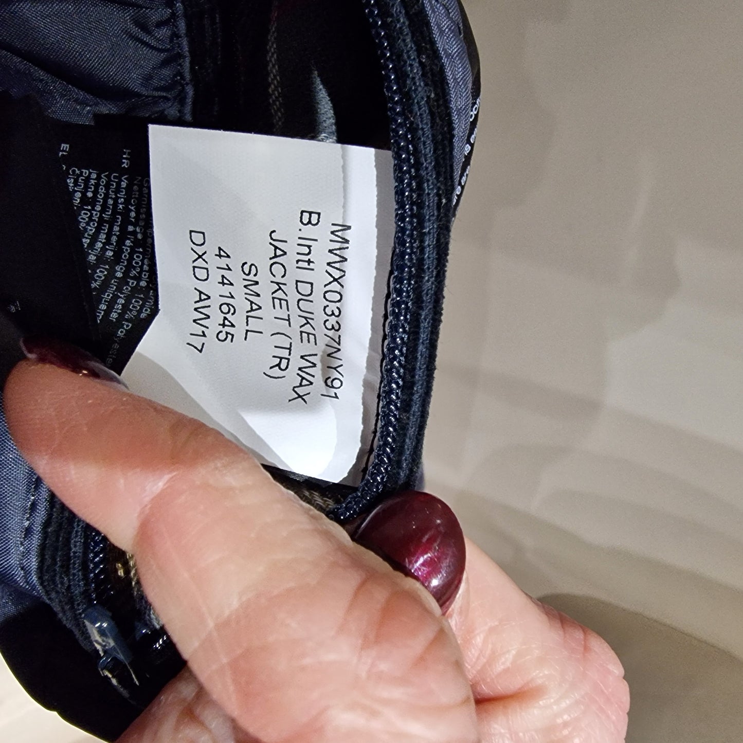 Barbour International Navy Padded Wax Jacket, Duke, Size Small/UK 10-12