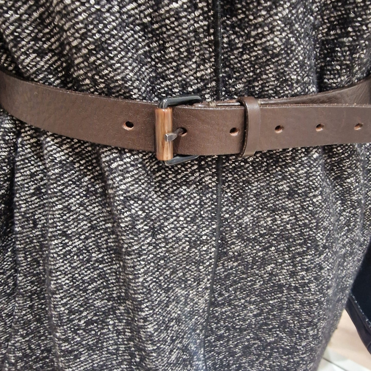 Odeeh Black and White Tweed Belted Coat, Leather Collar & Cuff, Size 40/UK 12