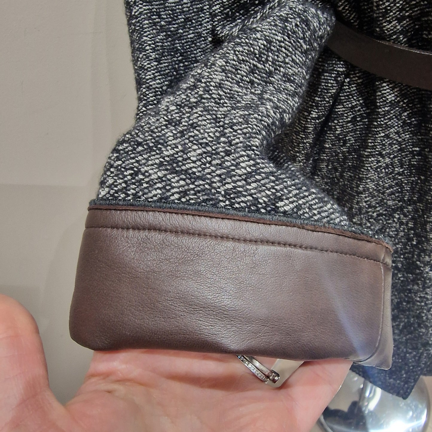 Odeeh Black and White Tweed Belted Coat, Leather Collar & Cuff, Size 40/UK 12