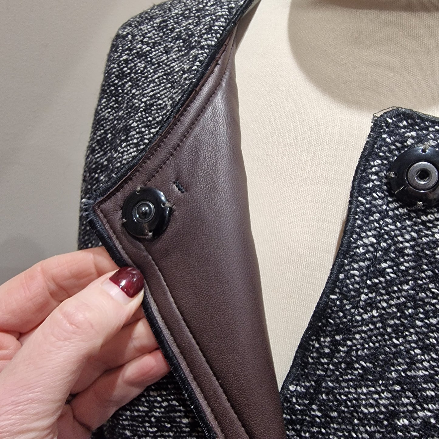 Odeeh Black and White Tweed Belted Coat, Leather Collar & Cuff, Size 40/UK 12