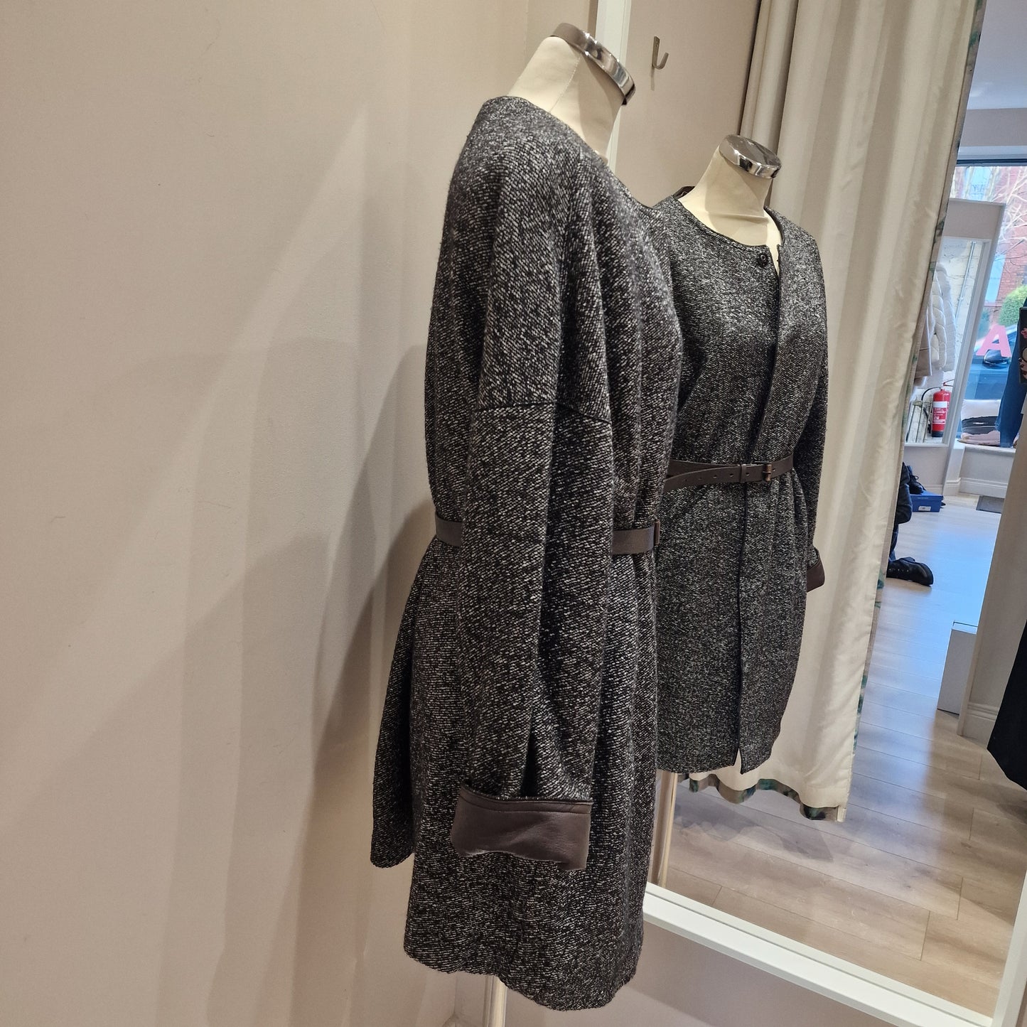 Odeeh Black and White Tweed Belted Coat, Leather Collar & Cuff, Size 40/UK 12