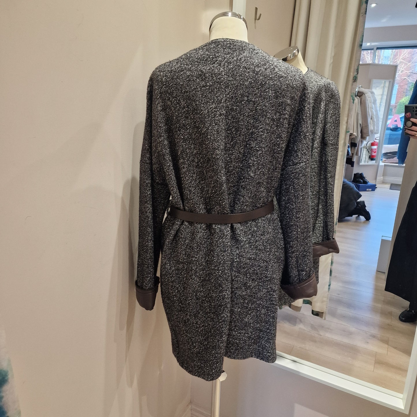 Odeeh Black and White Tweed Belted Coat, Leather Collar & Cuff, Size 40/UK 12