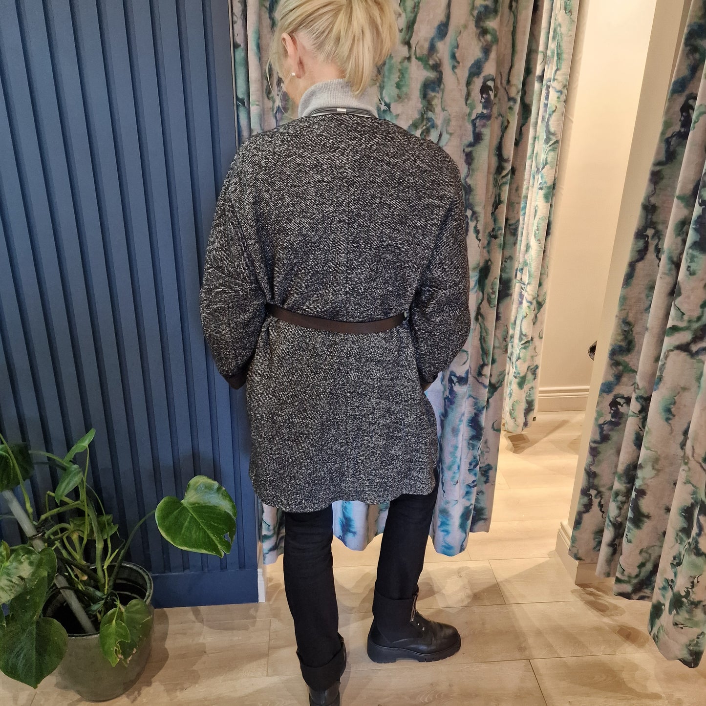 Odeeh Black and White Tweed Belted Coat, Leather Collar & Cuff, Size 40/UK 12