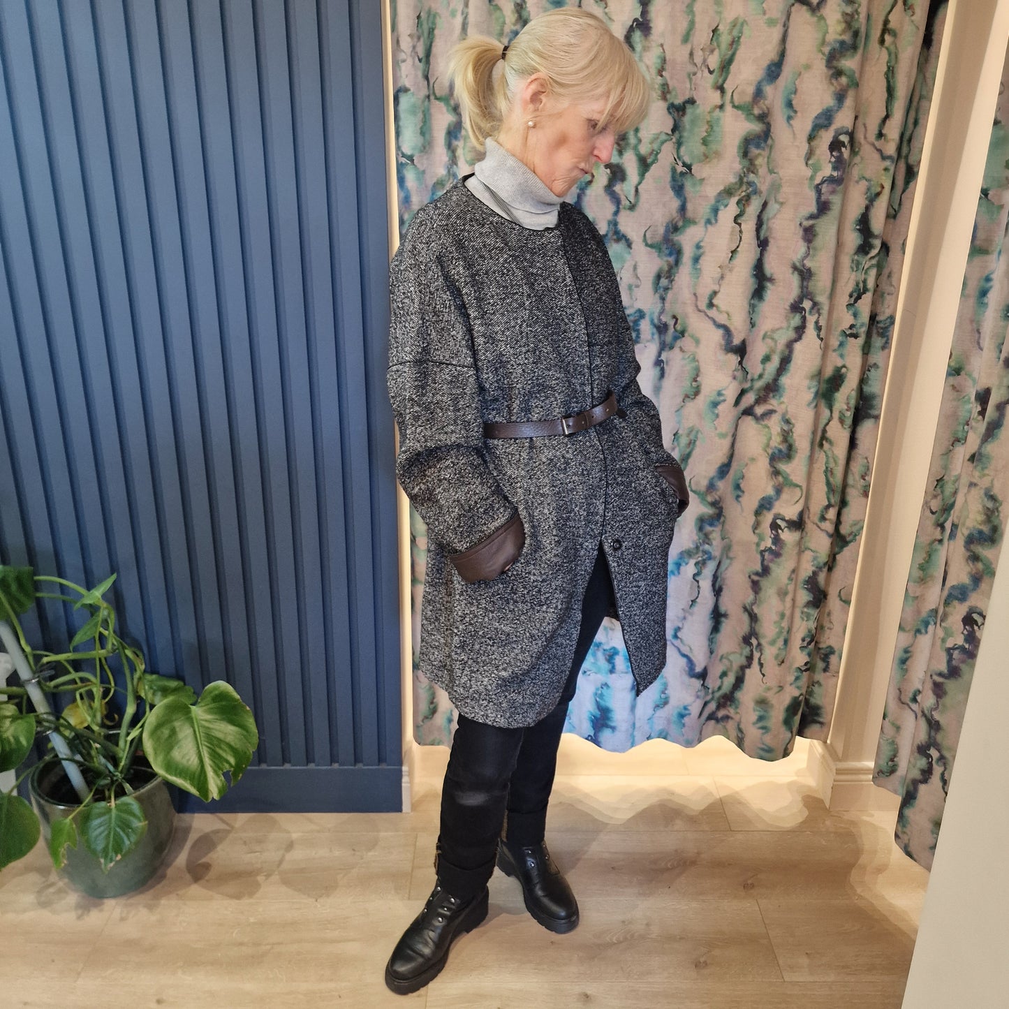 Odeeh Black and White Tweed Belted Coat, Leather Collar & Cuff, Size 40/UK 12