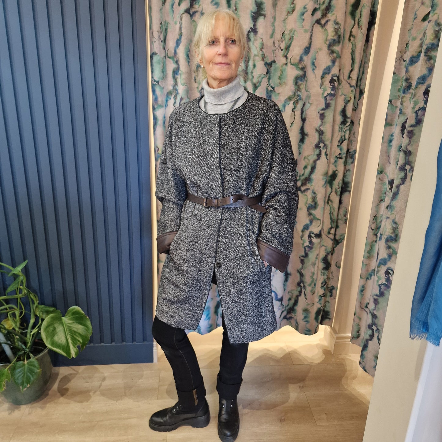 Odeeh Black and White Tweed Belted Coat, Leather Collar & Cuff, Size 40/UK 12