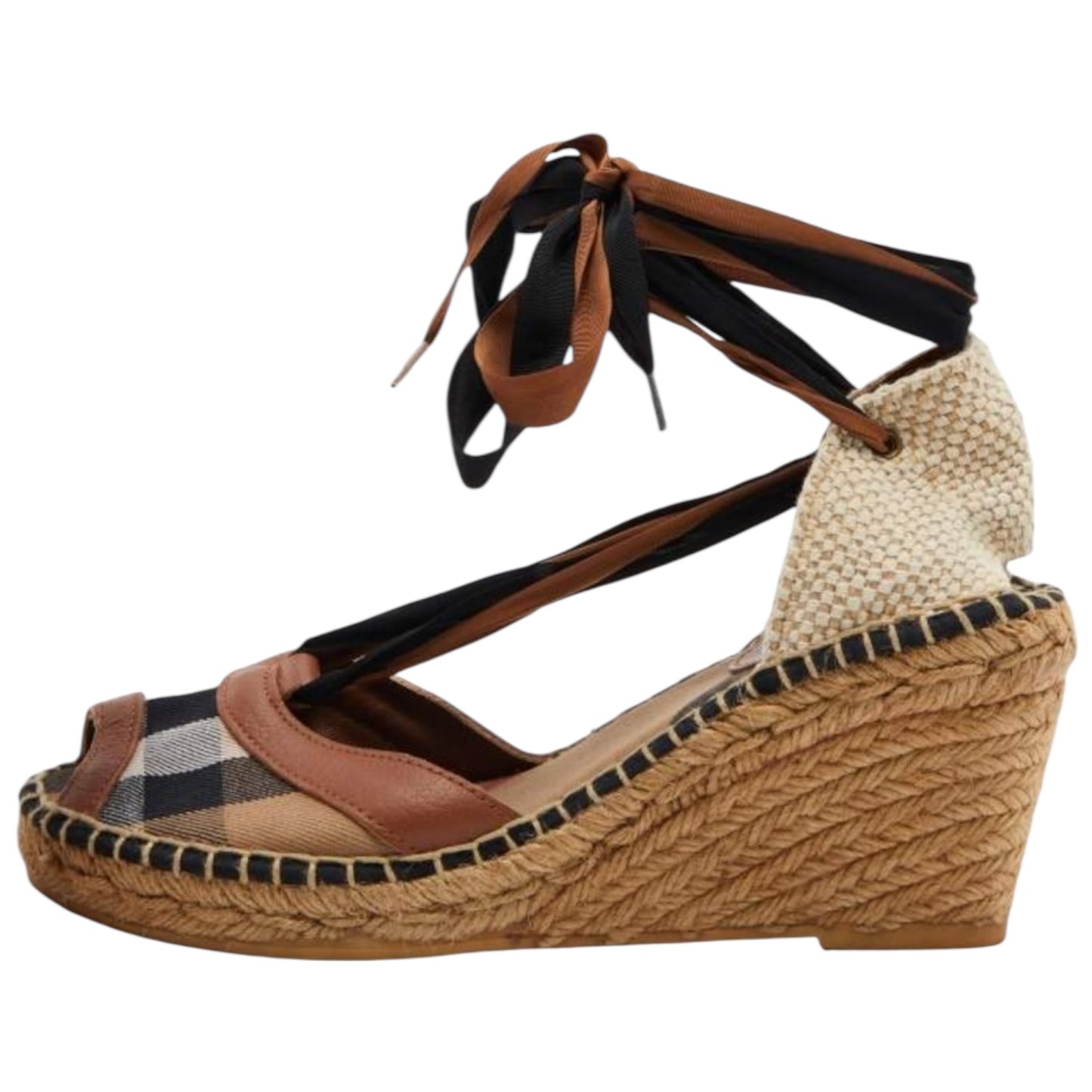 Burberry Wedge Espadrille Sandal with Ribbon Tie - 38 / 5