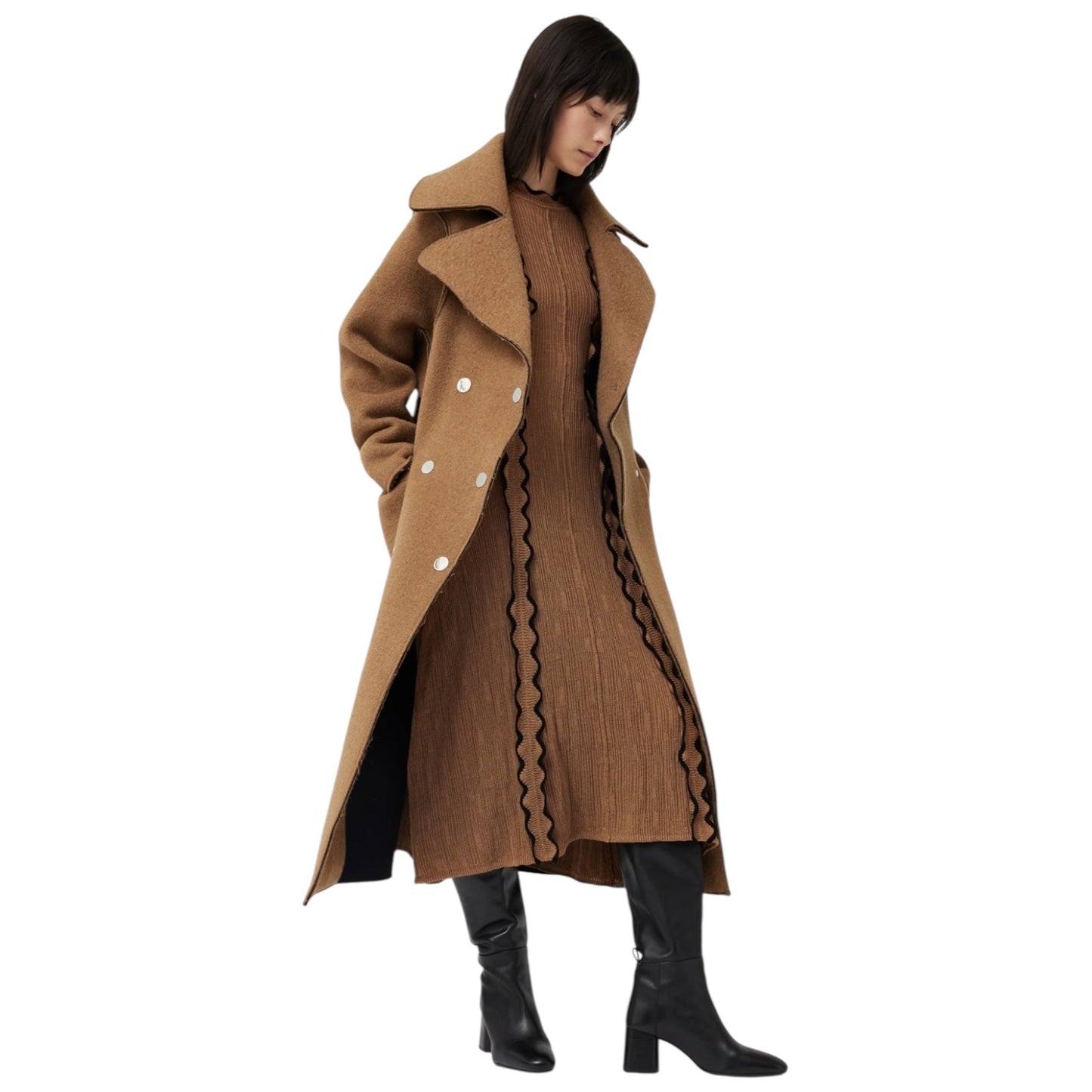 Jigsaw Camel and Black Scallop Trim Knitted Dress - 8/10