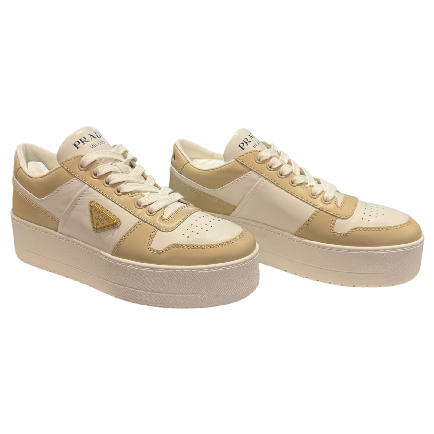Prada Downtown Bold Leather Sneakers in Desert Beige and White - 39 / 6