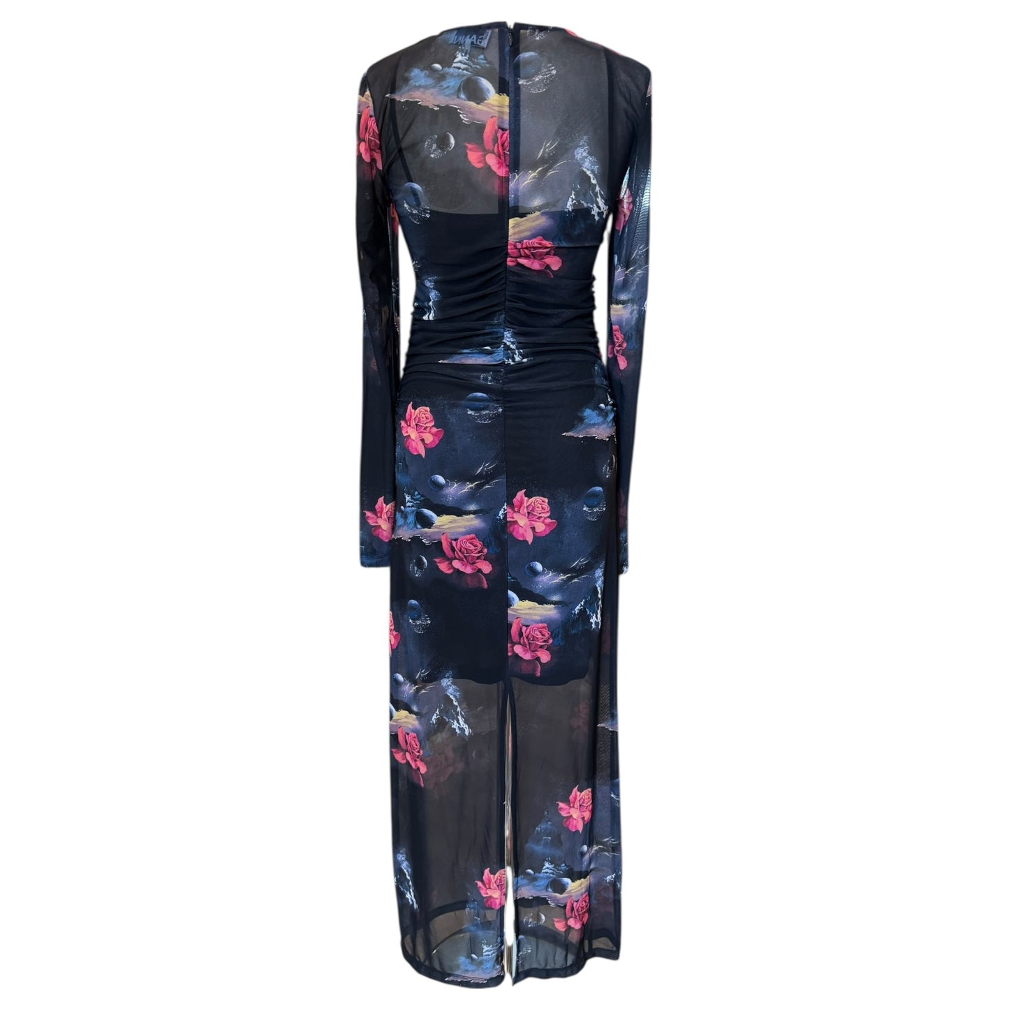 Ganni Black Ruched Floral Mesh Midi Dress - 8/10