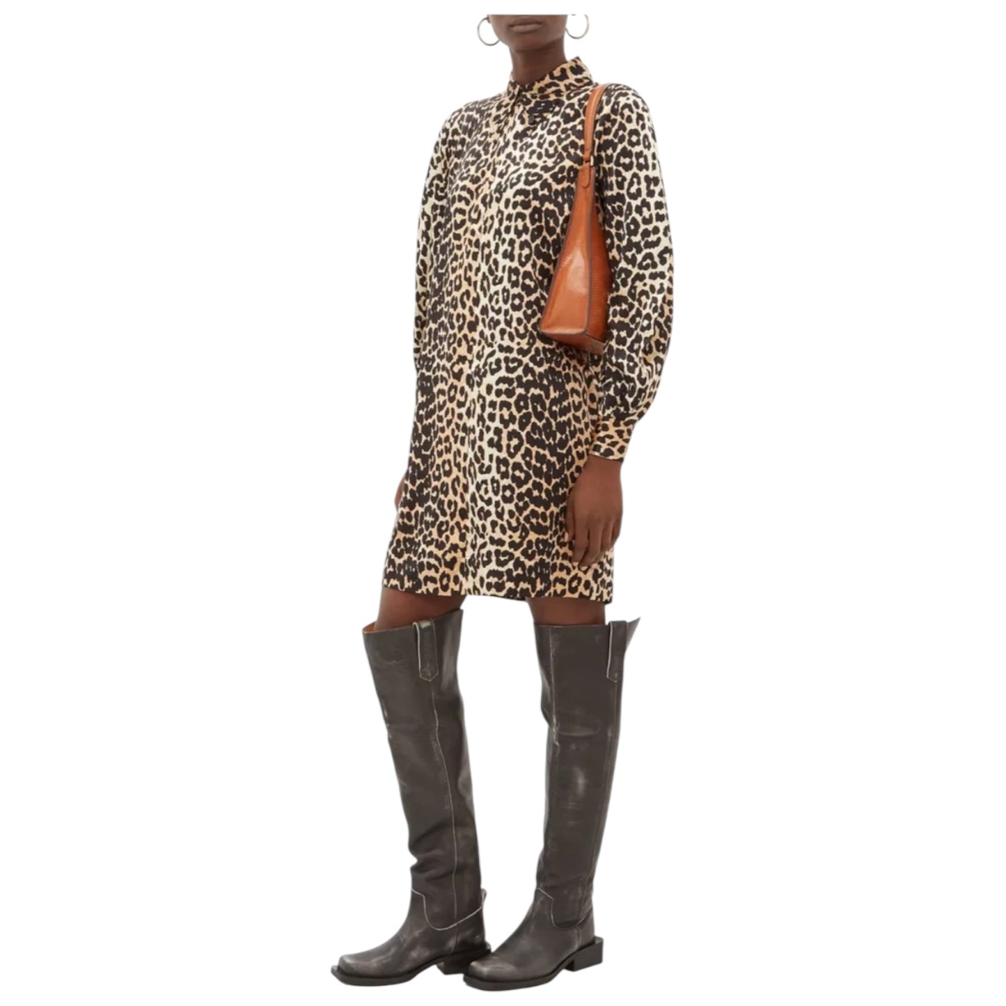 Ganni Leopard-Print Silk-Blend Satin Mini Shirtdress - 10