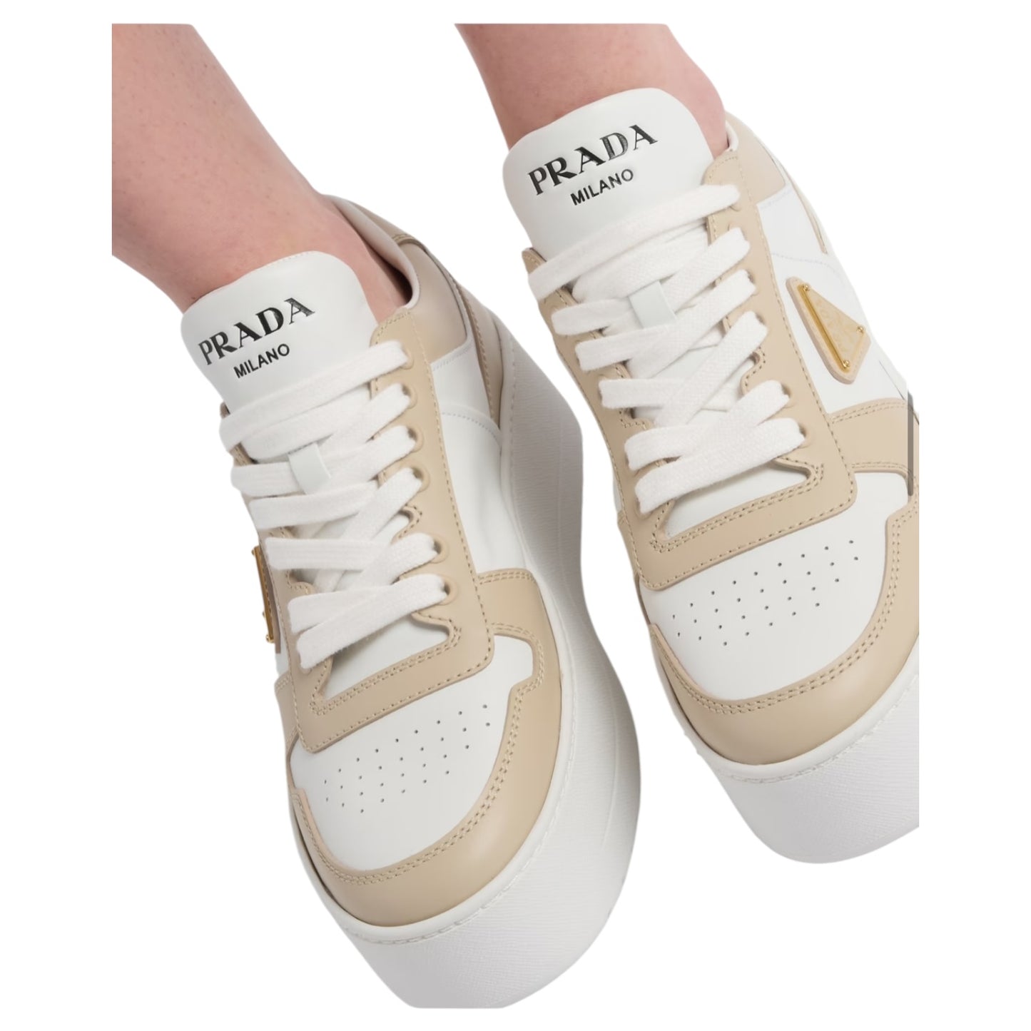 Prada Downtown Bold Leather Sneakers in Desert Beige and White - 39 / 6