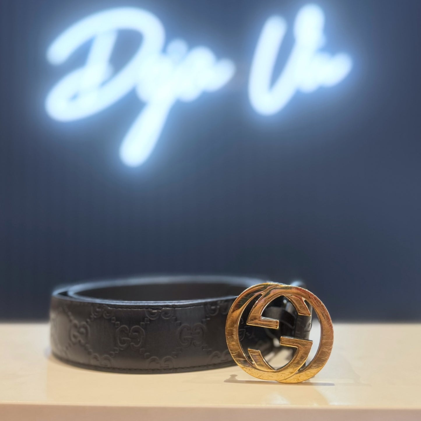 Gucci Black Guccissima Leather Belt with Gold Interlocking Buckle