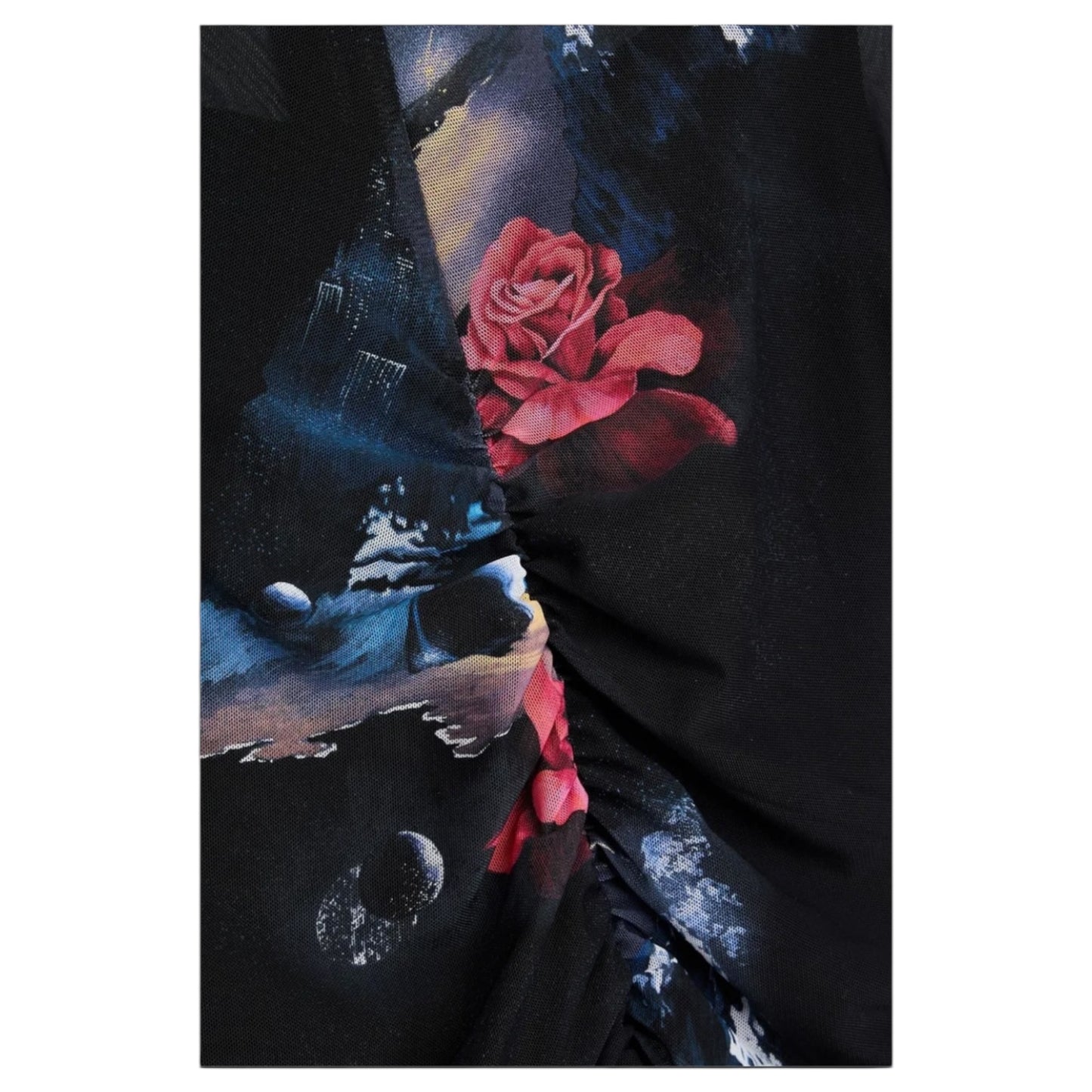 Ganni Black Ruched Floral Mesh Midi Dress - 8/10