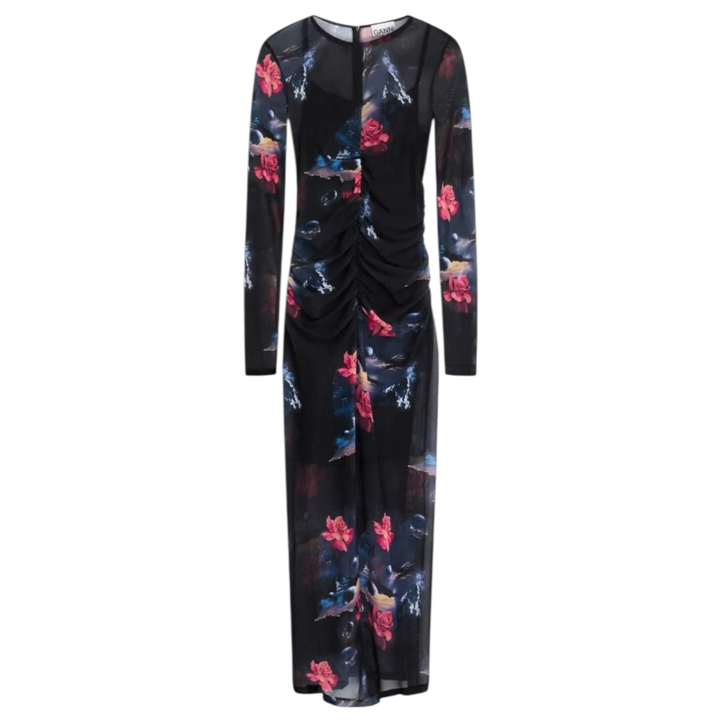 Ganni Black Ruched Floral Mesh Midi Dress - 8/10