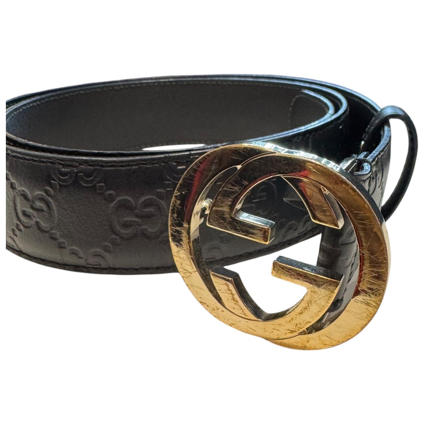 Gucci Black Guccissima Leather Belt with Gold Interlocking Buckle