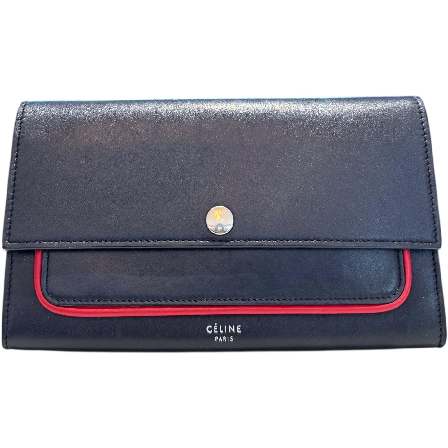 Celine Smooth Navy Blue Calfskin Wallet with Red Piping