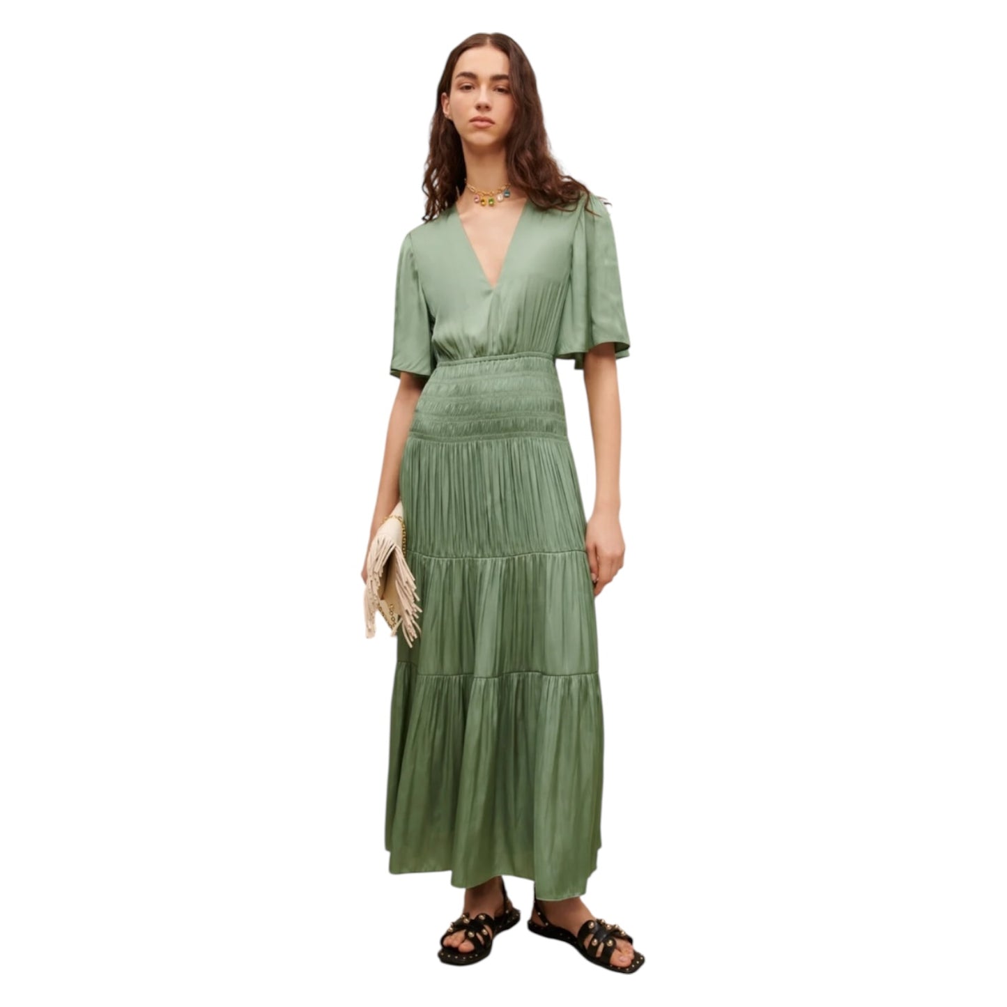 Maje Soft Green Satin Pleated Maxi Dress - 12