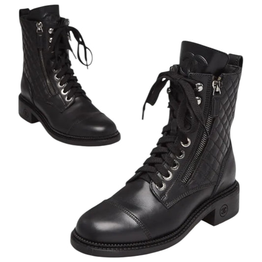 Chanel Black Quilted Leather Lace Up CC Ankle Boots - 40.5 / 7.5