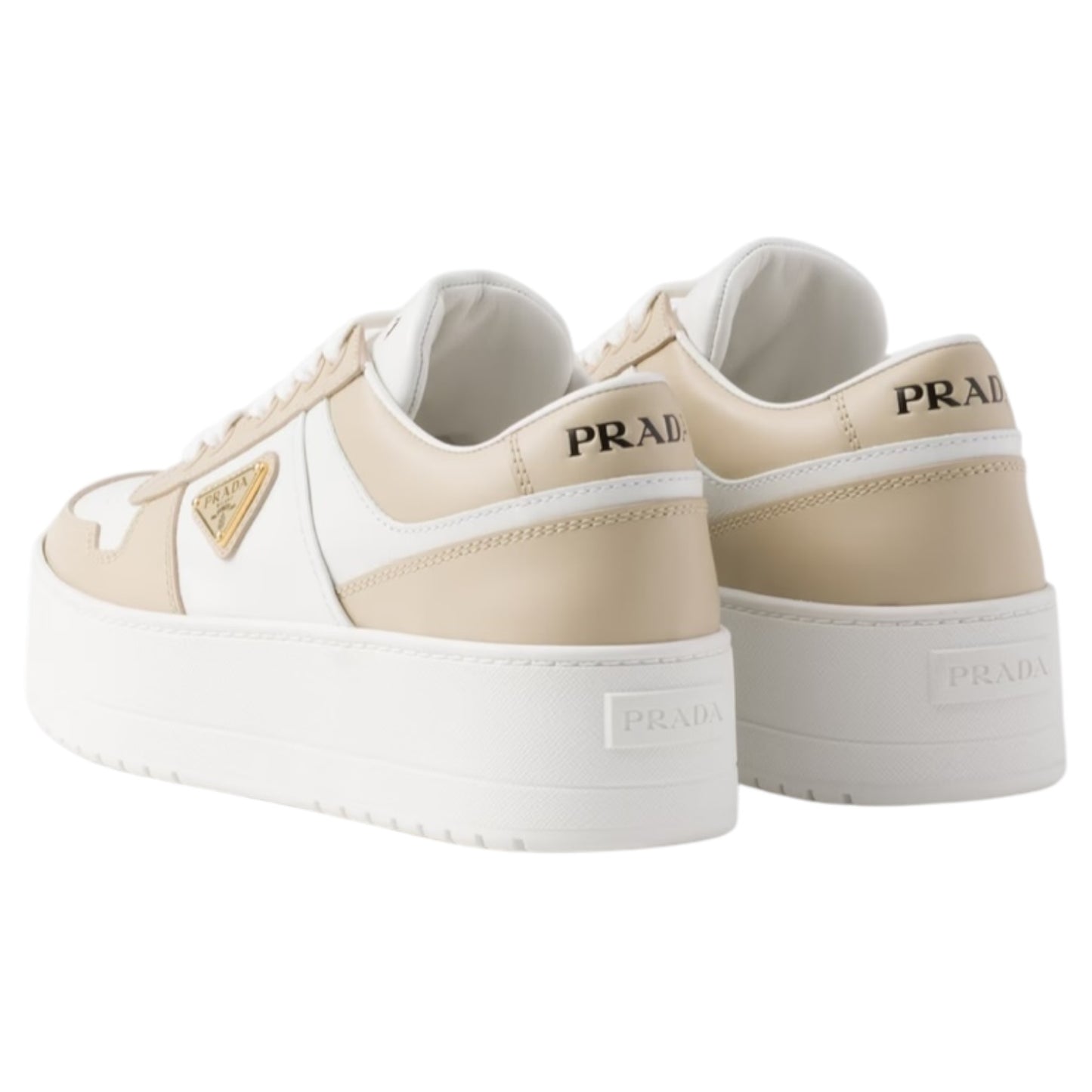 Prada Downtown Bold Leather Sneakers in Desert Beige and White - 39 / 6