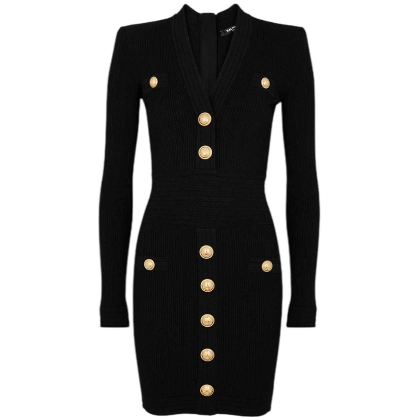 Balmain Black Ribbed Stretch-Knit Mini Dress - 8 - NEW