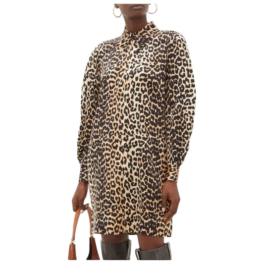 Ganni Leopard-Print Silk-Blend Satin Mini Shirtdress - 10