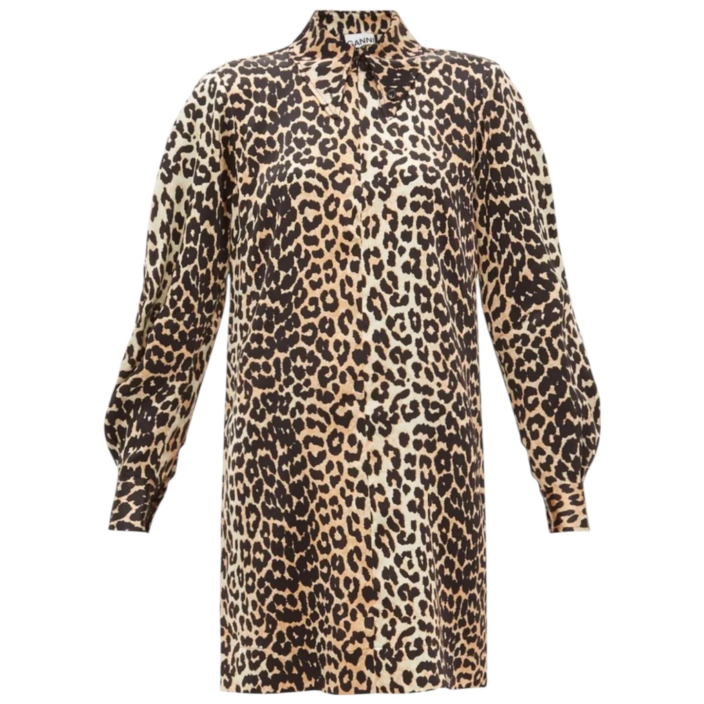 Ganni Leopard-Print Silk-Blend Satin Mini Shirtdress - 10