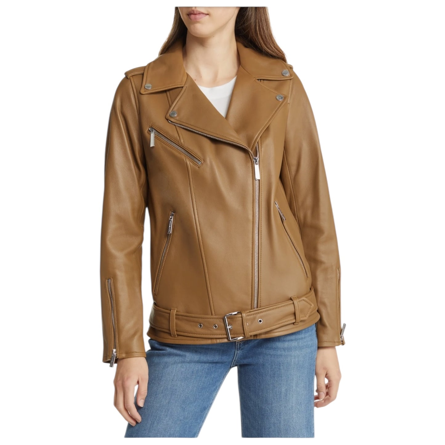 Michael Kors Coffee Oversized Moto Leather Jacket - 14/16 - NEW
