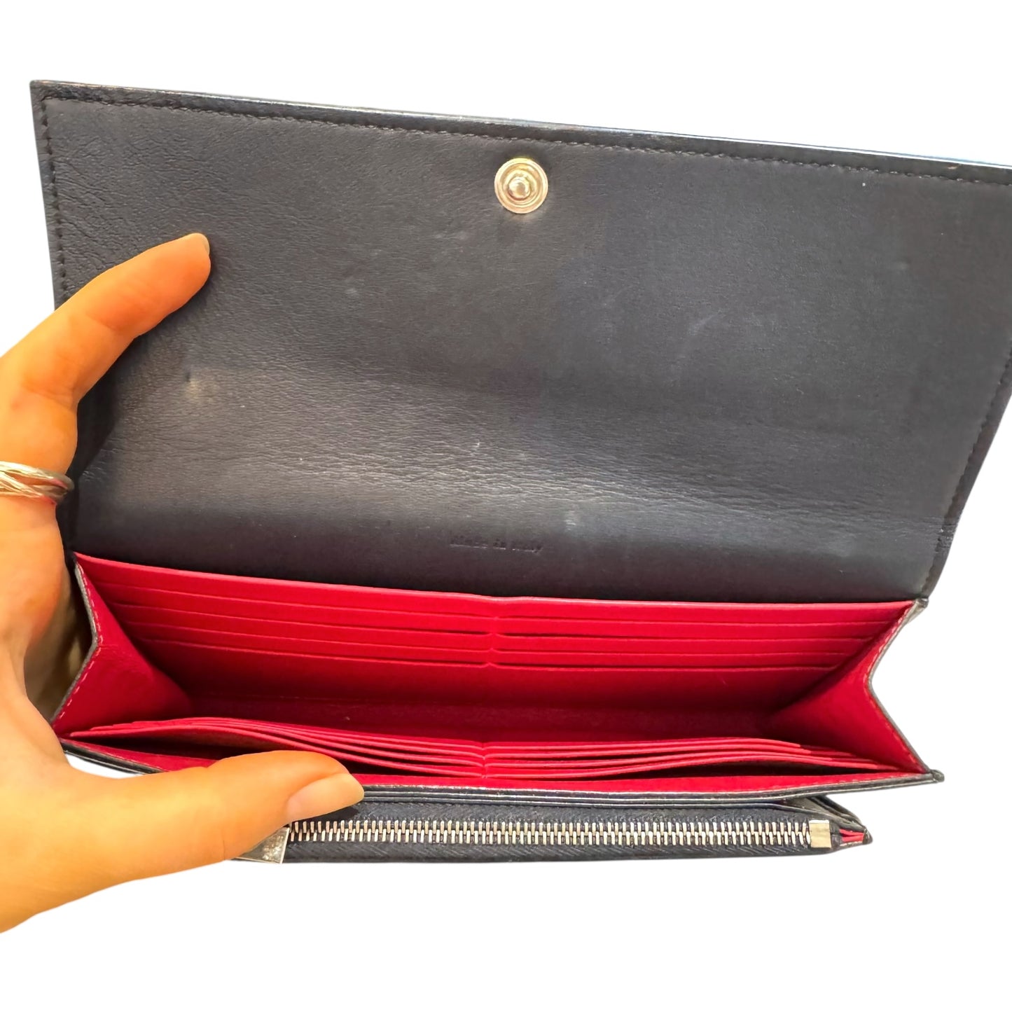 Celine Smooth Navy Blue Calfskin Wallet with Red Piping