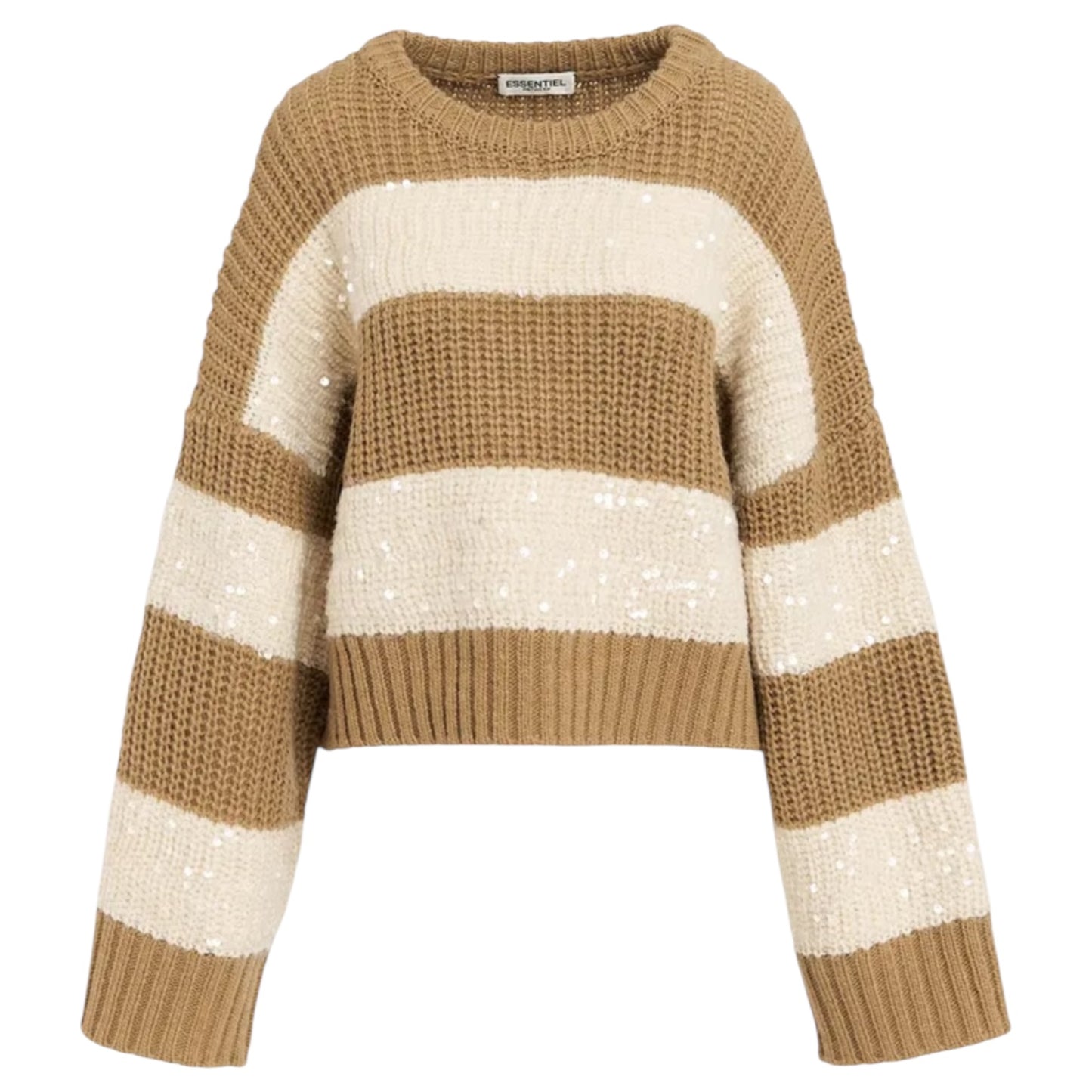 Essentiel Brown and Ecru Knit Sweater with Sequin-Embellished Stripes - 14/16 - NEW