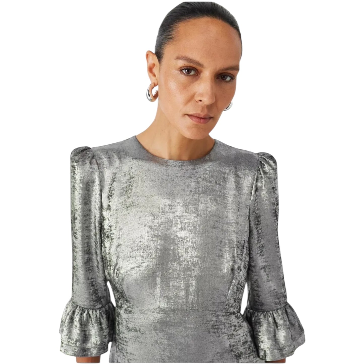 Mint Velvet Metallic Silver Midi Dress - 8 - NEW