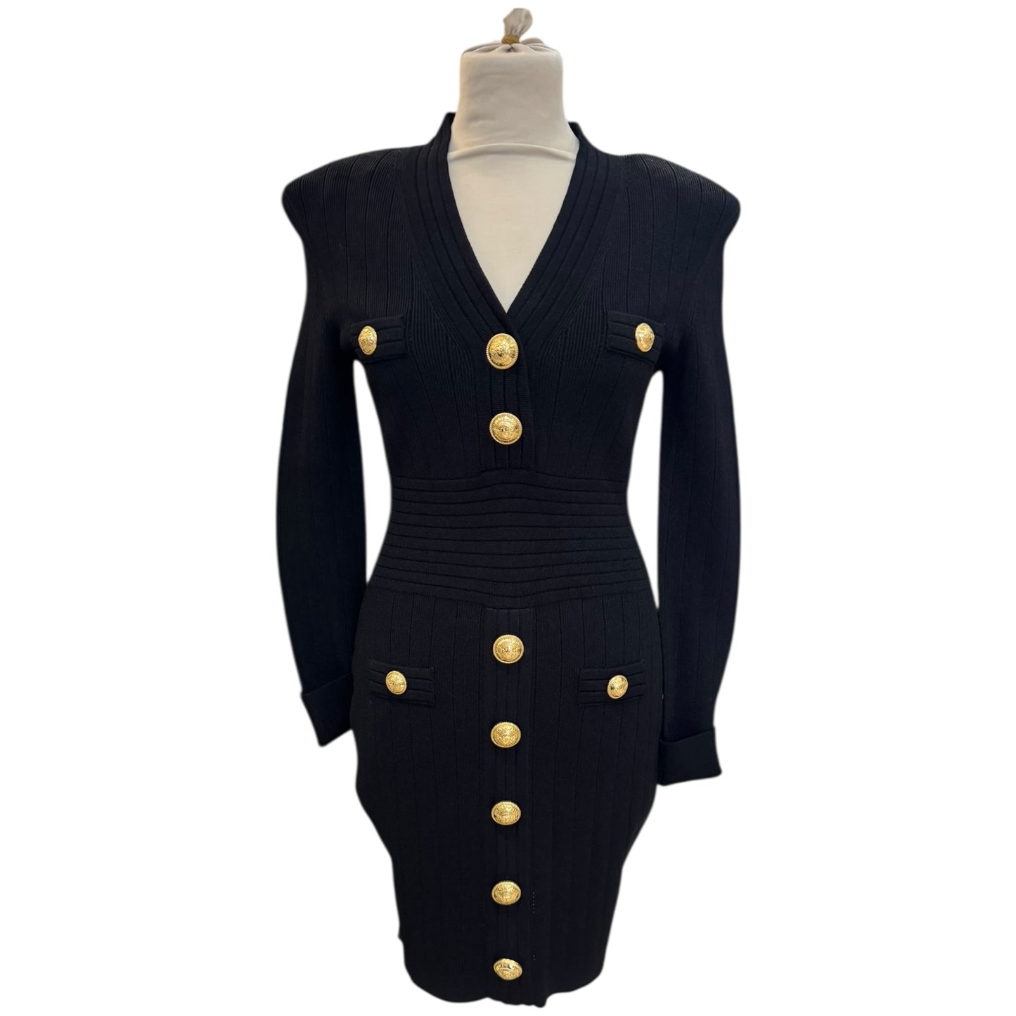 Balmain Black Ribbed Stretch-Knit Mini Dress - 8 - NEW