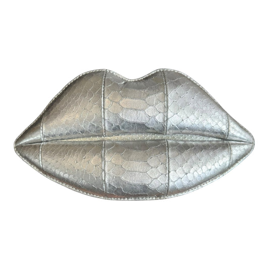 Lulu Guinness Silver Snake Print Lip Clutch