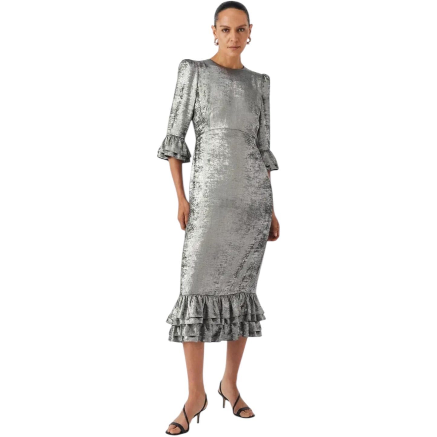 Mint Velvet Metallic Silver Midi Dress - 8 - NEW
