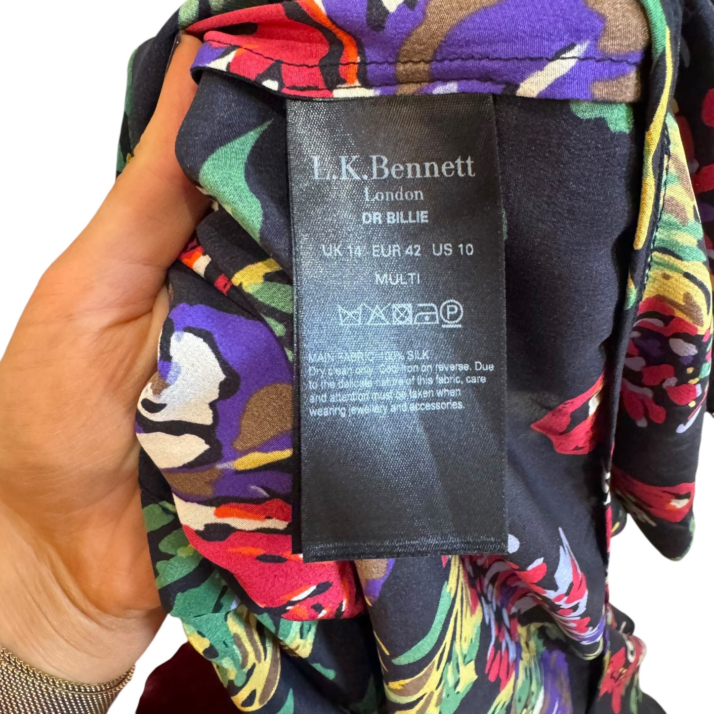 LK Bennett Black and Floral Silk Dress - 12/14