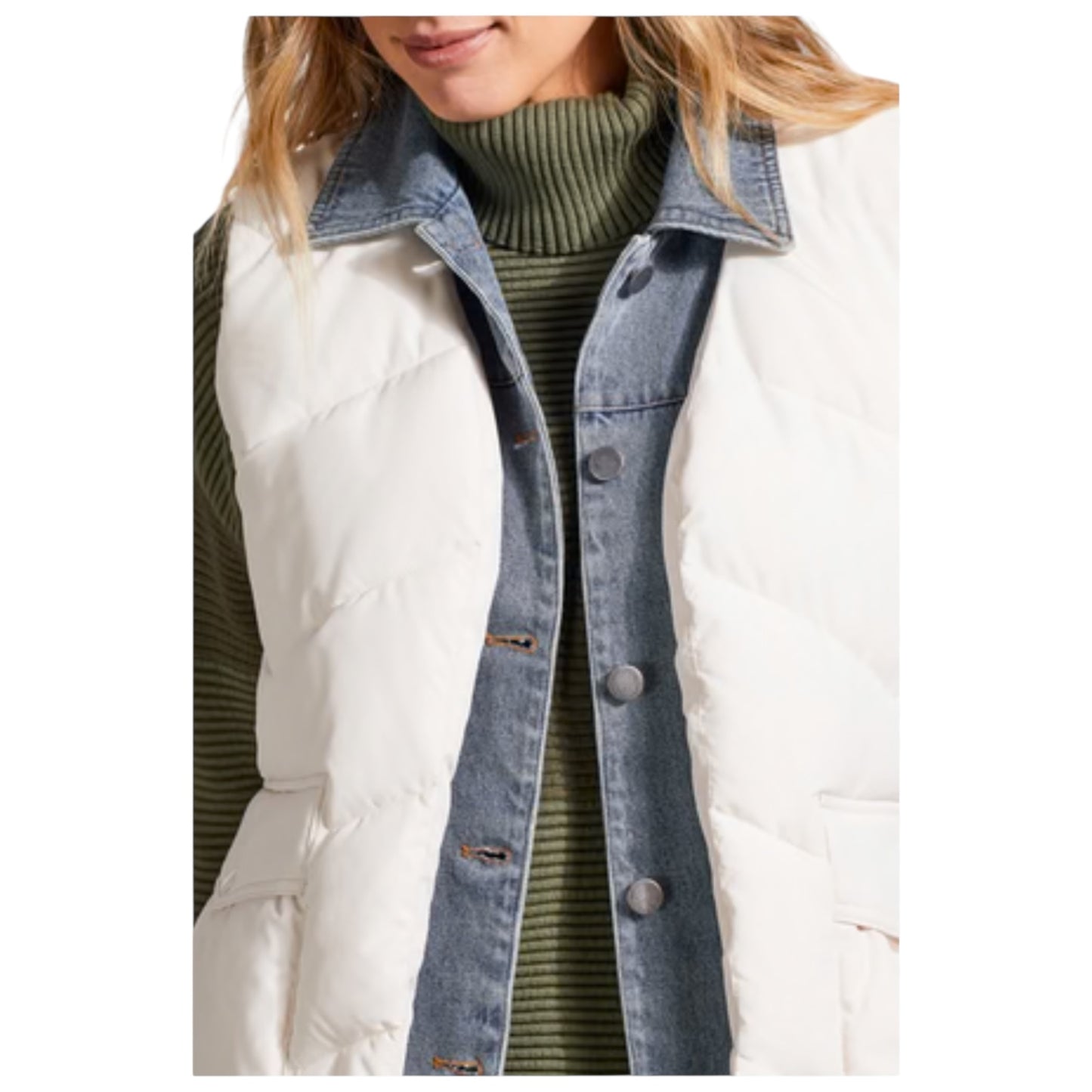Tribal Jeans Denim Fooler Puffer Vest in Cream - 14/16