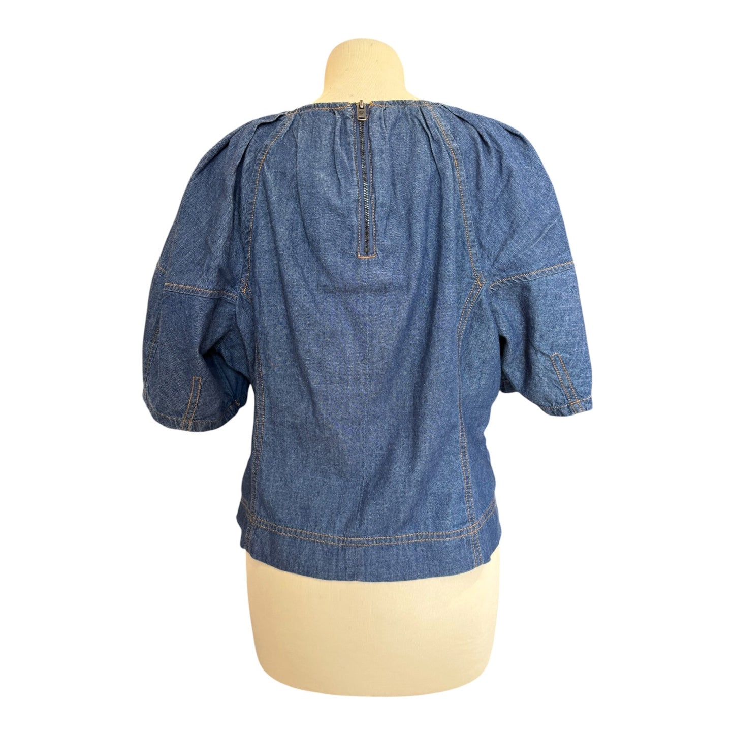 DKNY Denim Scoop Neck Puff-Sleeve Top - 12
