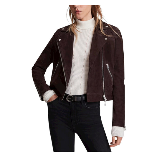 All Saints Caden Suede Biker Jacket in Oxblood Brown - 8 - NEW