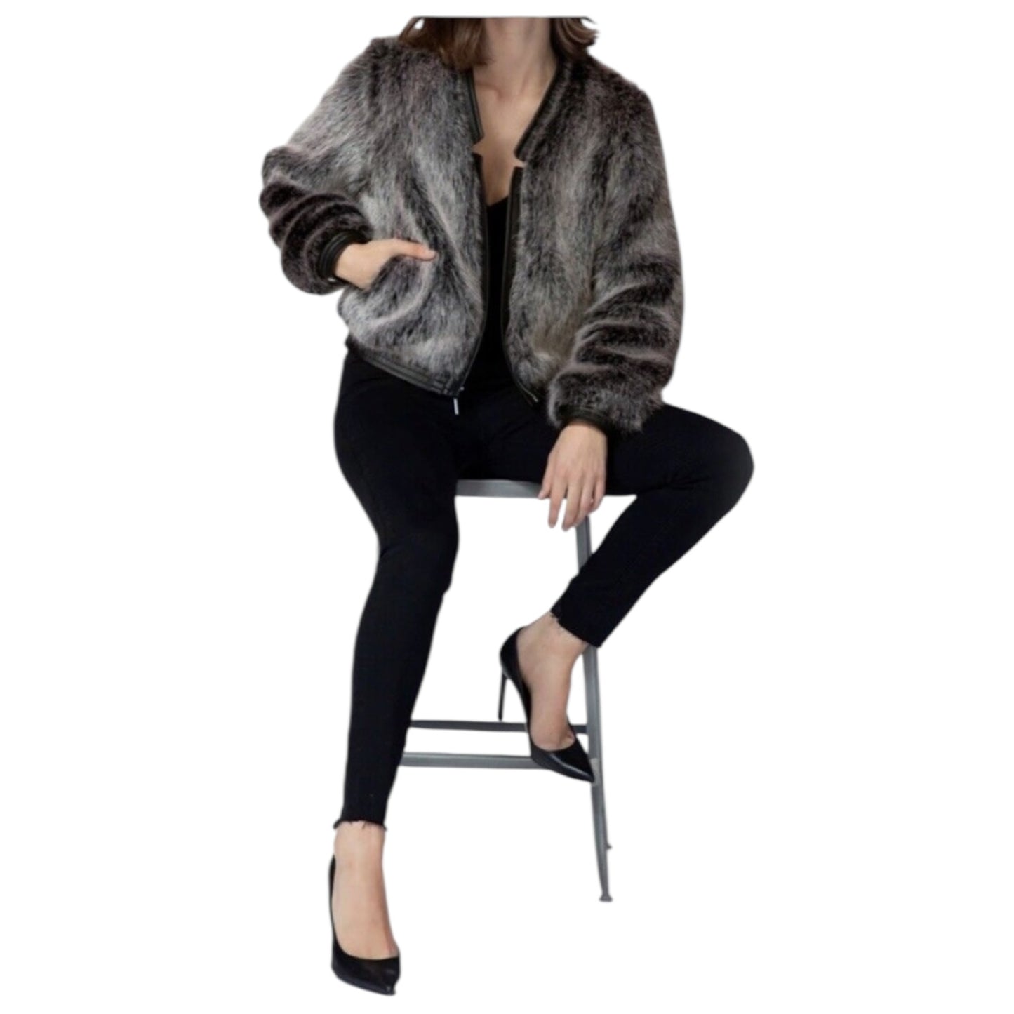 J Brand Ashbey Faux Fur Bomber Jacket in Silver Fox - 10